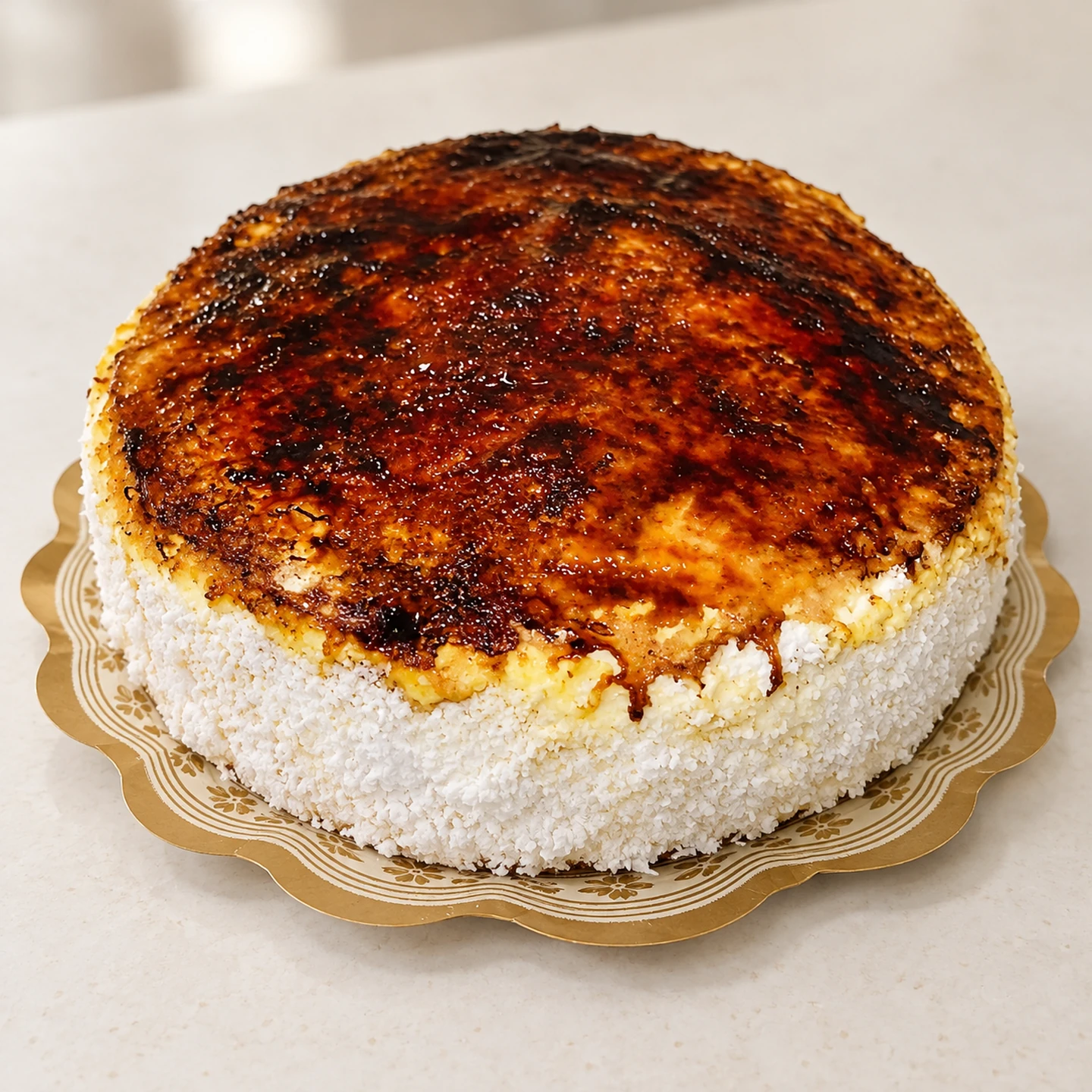 Torta Quemada, especialidad de Serra d’Or, con superficie caramelizada y laterales de coco